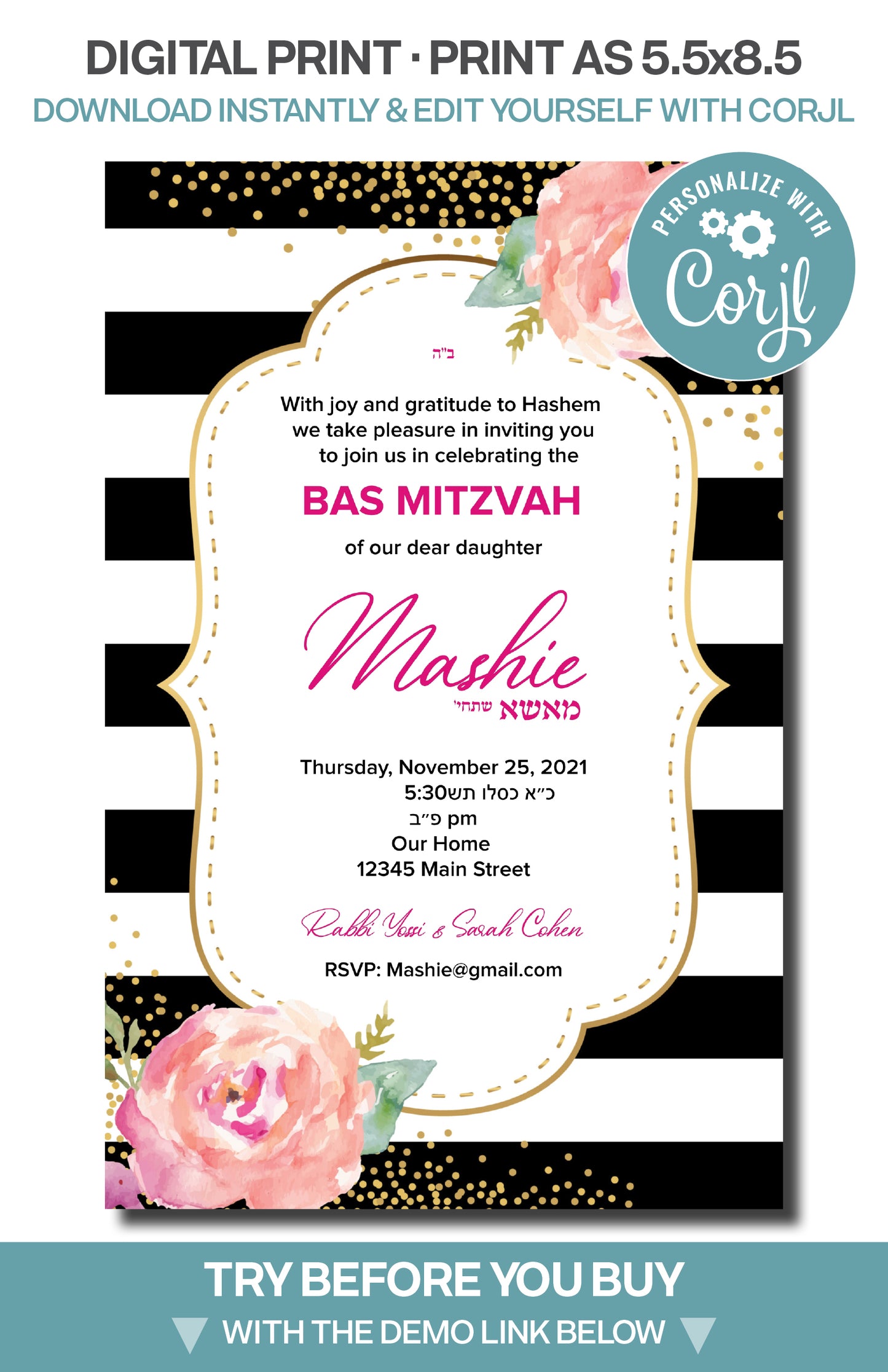 Bat Mitzvah - Black Stripes Pink