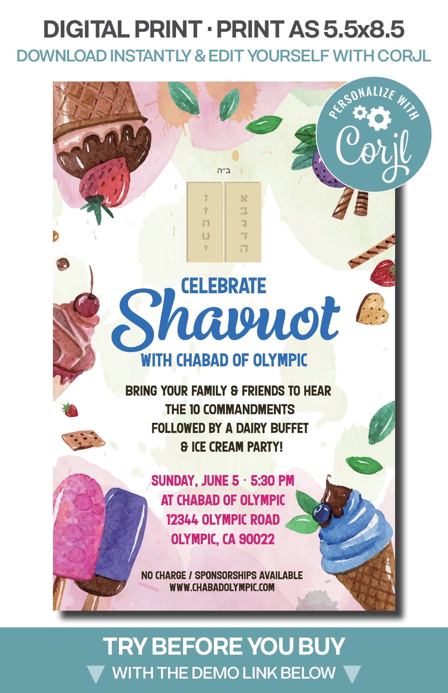 Shavuot Ice Cream Party - Pink/Blue