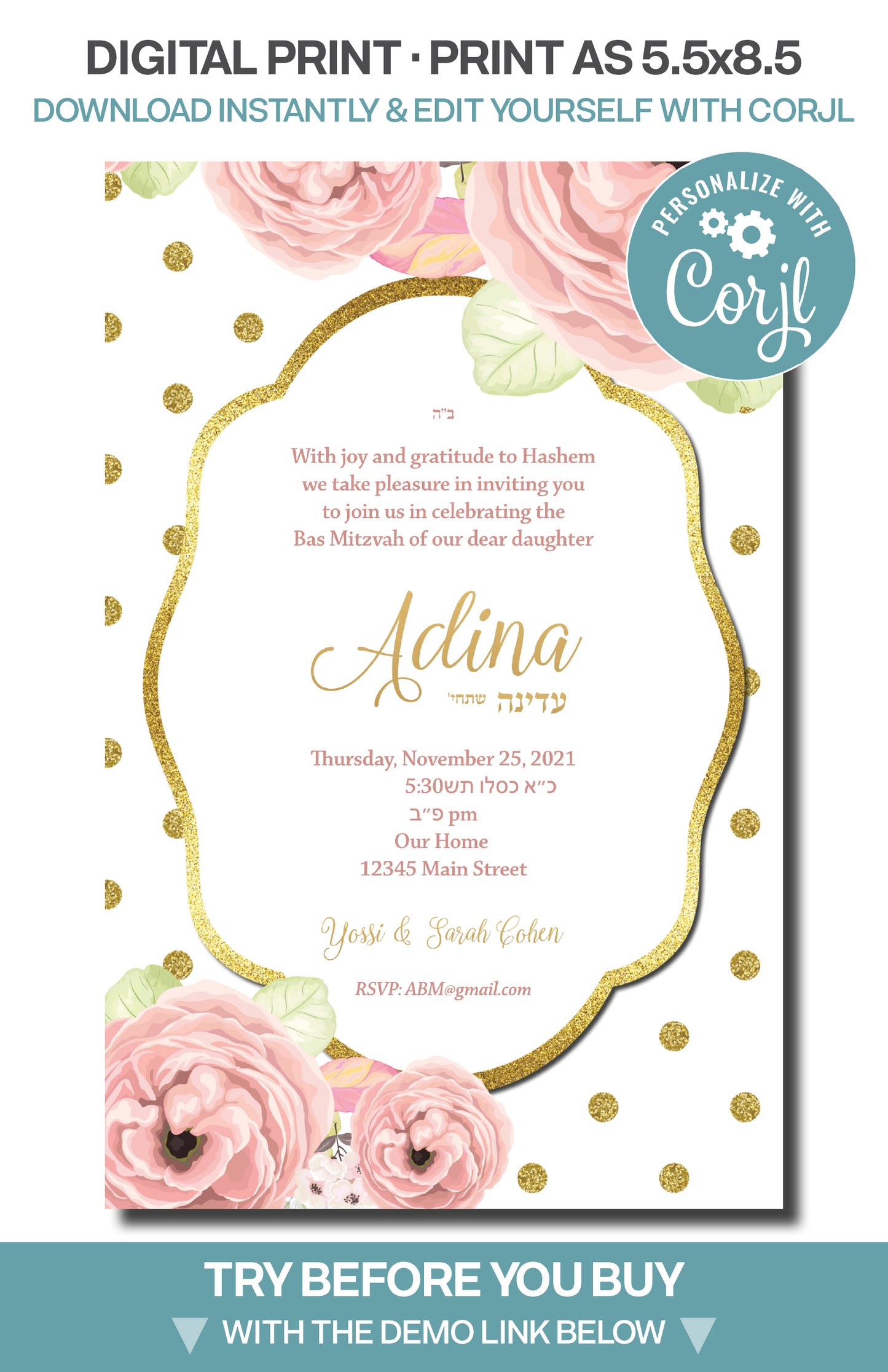 Bat Mitzvah - Gold Floral Pink